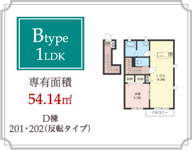 Btype 1LDK 専有面積54.14m2
D棟201･202（反転タイプ）
