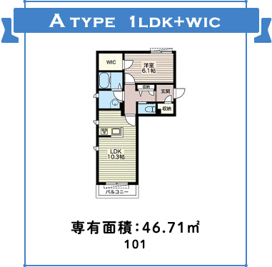 A type 1ldk+wic 専有面積：46.711m2 101