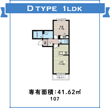 D type 1ldk 専有面積：41.62m2 107