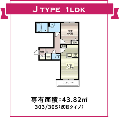 J type 1ldk 専有面積：43.82m2 303/305（反転タイプ）